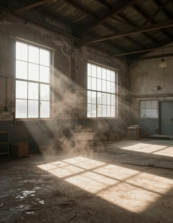 abandoned industrial interior with windows and rays of light in the roomの写真素材