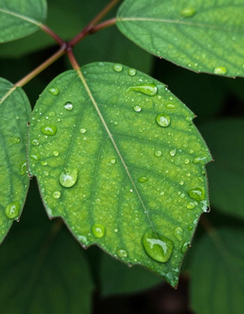 Water drops on green leaves after the rain. Close up. Nature background.