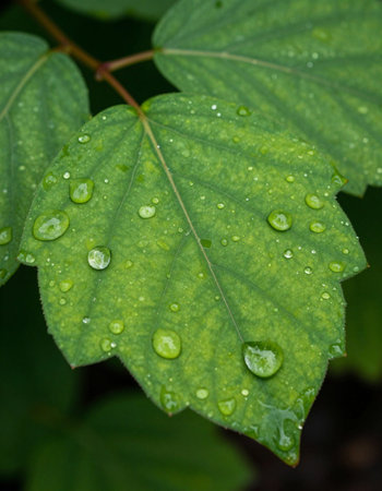 Water droplets on a green leaf after a rain in the garden