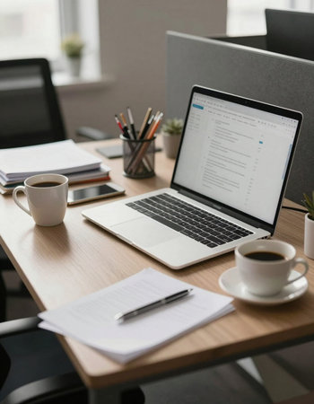 Laptop with blank screen and coffee cup on wooden table in office