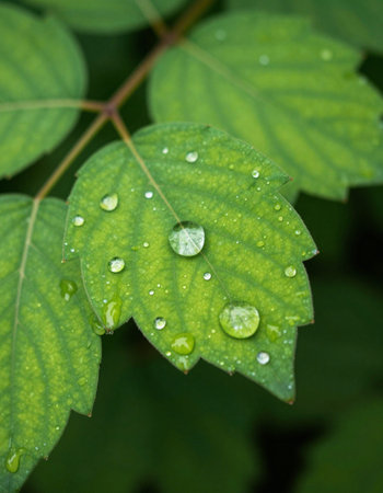 Water droplets on green leaves after the rain. Natural background.