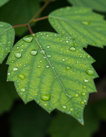 Water drops on green leaves after rain. Shallow depth of field.