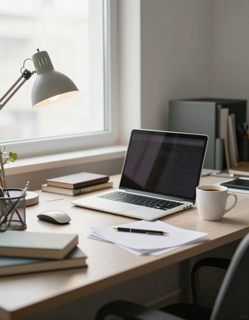 workplace with laptop, coffee cup and other items on table in office