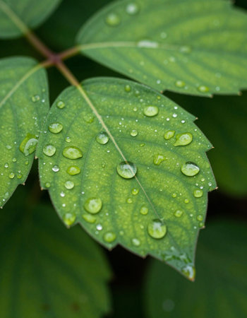 Water droplets on green leaves. Shallow depth of field.