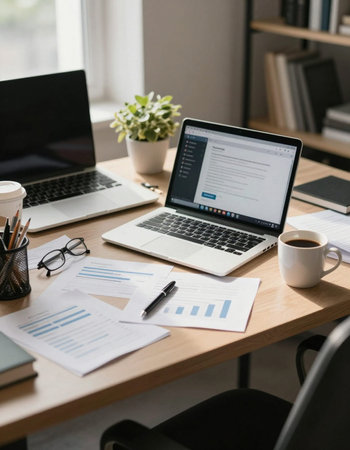 workplace with laptop, coffee and documents on table in modern officeの写真素材