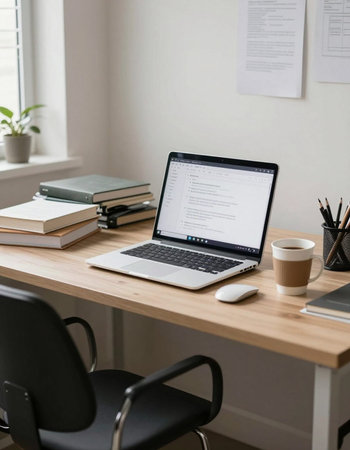 Workspace with laptop, coffee cup and stationery on wooden table