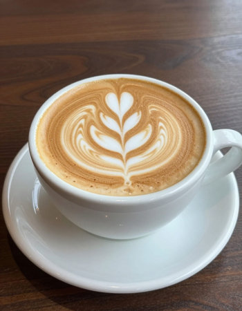 Latte art coffee in white cup on wooden table, stock photo