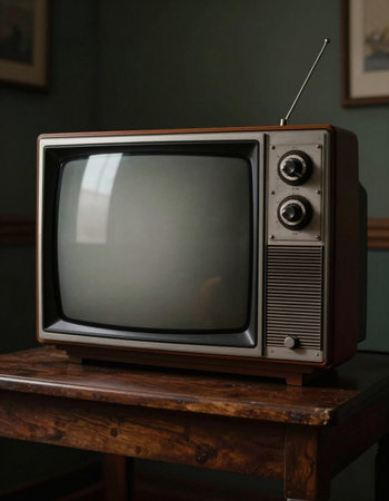 Vintage television on a wooden table in a room with a green wall