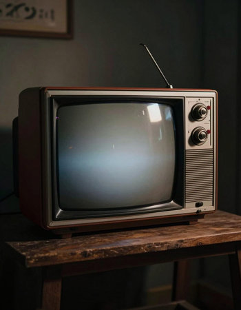Vintage TV set on a wooden shelf in a dark room.