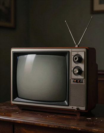 Retro television set on a wooden table in a dark room.