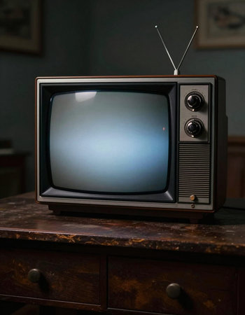 Retro TV set on a brown table in a dark room.