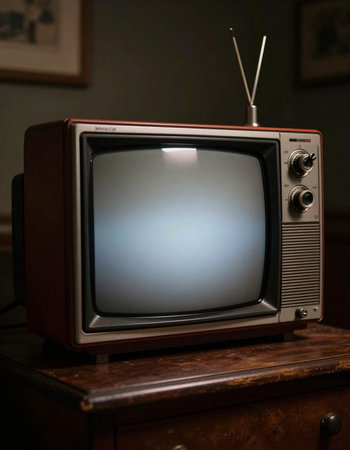 Vintage TV set on a brown wooden table in a dark room