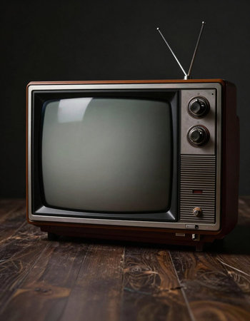 Retro TV set on wooden table, on dark background. Vintage style.