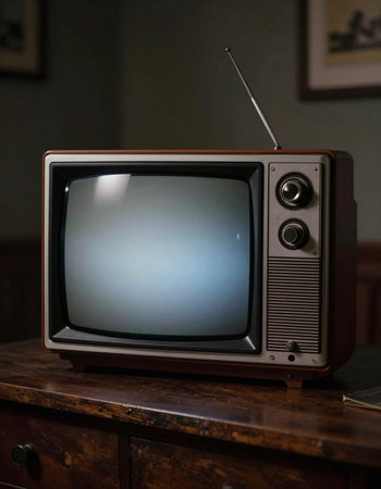 Retro TV set on a wooden table in a dark room.