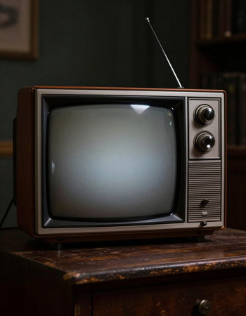 Retro TV set on a brown wooden table in a dark room