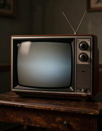 Vintage TV set on a wooden table in a dark room.