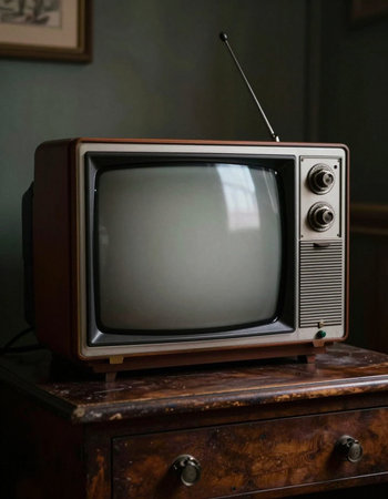 Retro TV set on a wooden table in a dark room.
