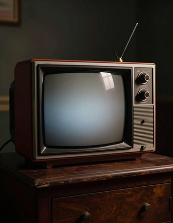 Retro TV set on a wooden table in a dark room.