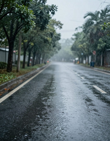 Rain on the road in the rainy season. Rainy day.
