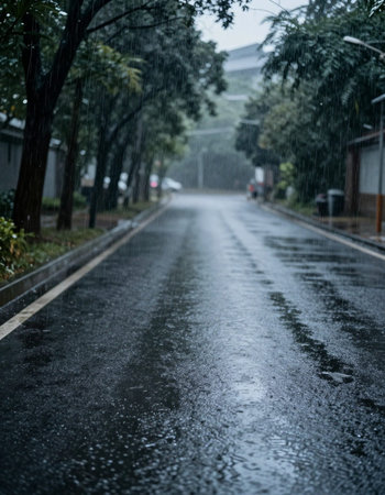 Rainy day in the city. Raindrops on asphalt road.