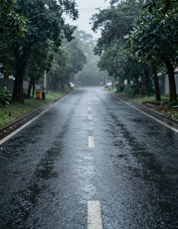 Rain on the road in the rainy season. Shallow depth of field.
