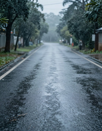 Rainy day in the city. Blurred road with rain drops.
