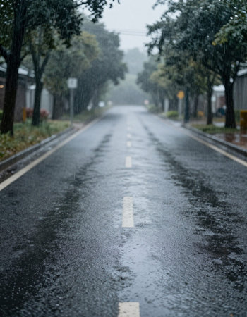 Rainy day in the city. Rain drops on the road.