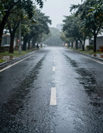 Rainy day in the city. Rain on the asphalt road.