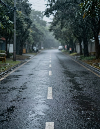 Rainy day in the city. Rain on the asphalt road.