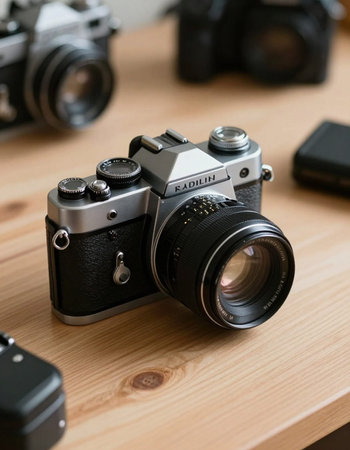 Retro camera on a wooden table with other cameras in the backgroundの写真素材