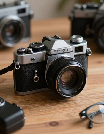 Retro camera with lenses on a wooden table, close-up