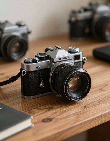 Retro camera on a wooden table with books in the background