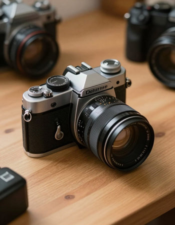 Close-up of a camera on a wooden table