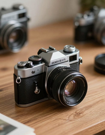 Retro camera on a wooden table with other cameras in the background