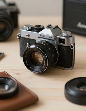 Vintage camera and other photography equipment on wooden table. Selective focus.