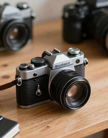 Vintage camera on a wooden table. Selective focus. Shallow depth of field