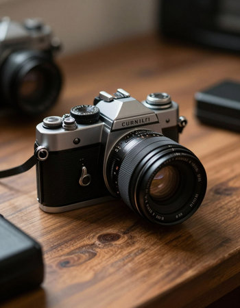 Vintage camera on a wooden table. Selective focus and shallow depth of field.