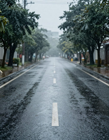 Wet asphalt road with rain drops in the evening, Thailand.