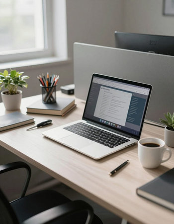 Workplace with laptop and coffee cup on wooden table at home office