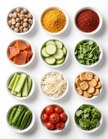 Fresh vegetables and spices in bowls on white background, top view.
