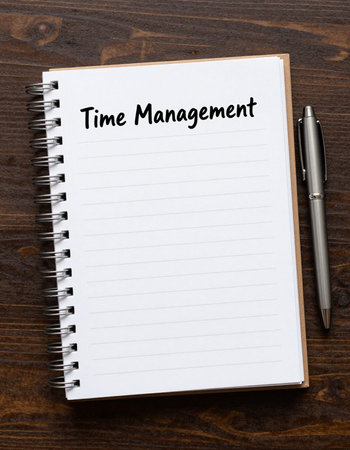 Time management text on notebook with pen on wooden background, business conceptの写真素材
