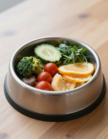 Vegetable salad in a stainless steel bowl on a wooden table