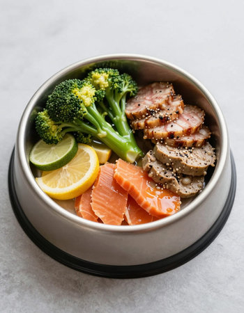 Bowl with salmon, tuna, broccoli and rice