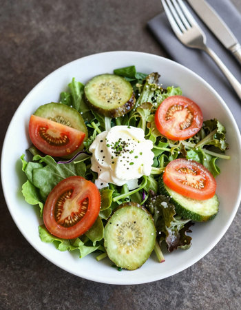 Salad with arugula, cucumber, tomato and mozzarellaの写真素材