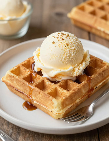 Waffles with ice cream and caramel sauce on a wooden background.