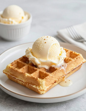 Belgian waffles with ice cream and caramel sauce, square image