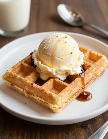 Waffles with ice cream and caramel sauce on a wooden table.