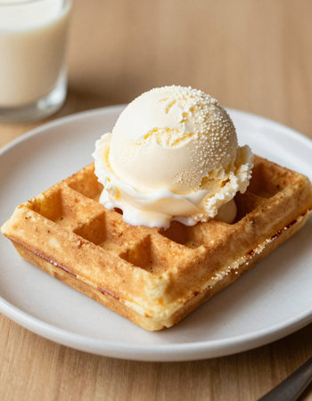 Vanilla ice cream with waffle on wood table, stock photoの写真素材