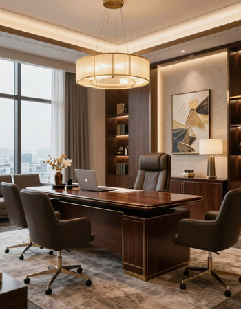 Luxury office interior with a wooden table and chairs. 3d rendering