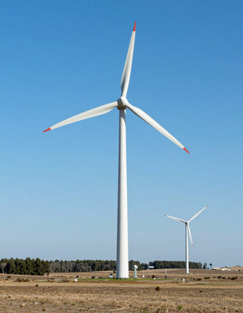 Wind turbines for electric power production, Zaragoza province, Aragon, Spain.
